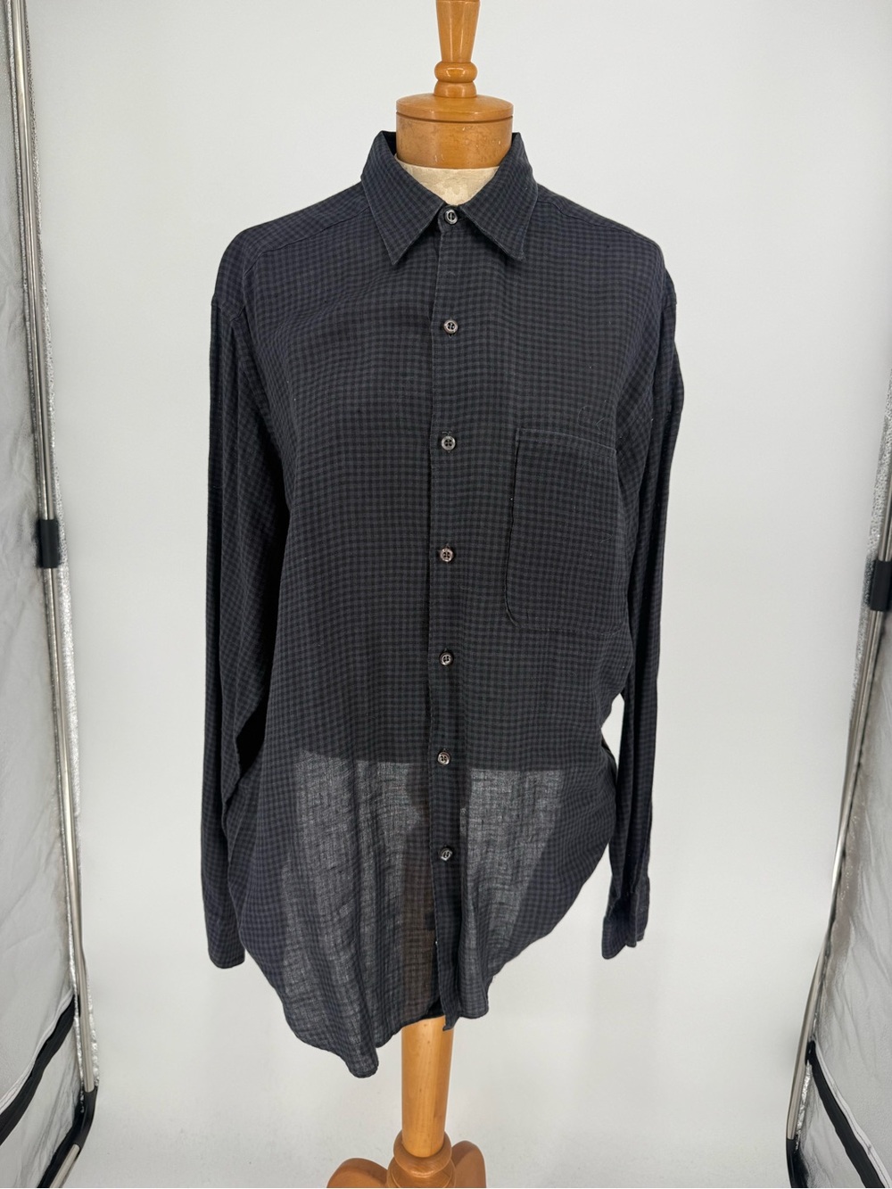 Barney’s Men's Black & Gray Micro-Check Linen Button-Up Shirt sz Large - Picture 1 of 8